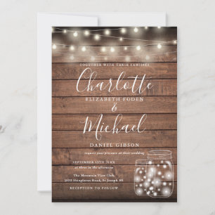 Rustic Wood String Lights Mason Jars Wedding Invitation