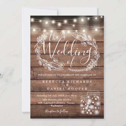 Rustic Wood String Lights Mason Jars Wedding Invitation