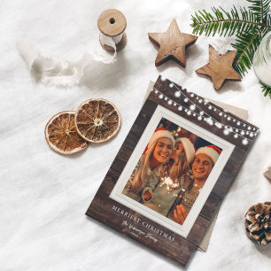 Rustic Wood String Lights Merriest Christmas Photo Holiday Card