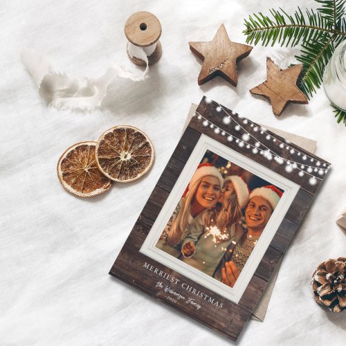 Rustic Wood String Lights Merriest Christmas Photo Holiday Card