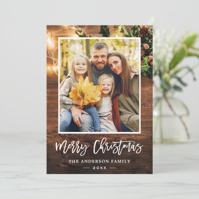 Rustic Wood String Lights Merry Christmas Photo Holiday Card (Standing Front)