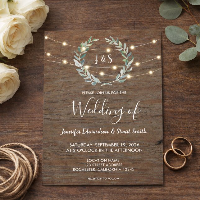 Rustic wood string lights monogram country Wedding Invitation (Rustic wood string lights monogram country Wedding Invitation. For your rustic wedding.)