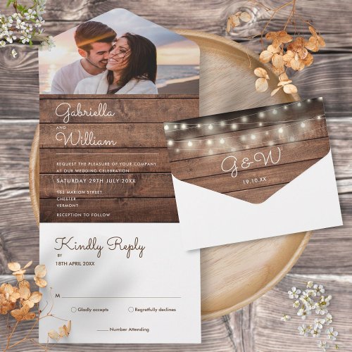 Rustic Wood String Lights Monogram Photo Wedding All In One Invitation