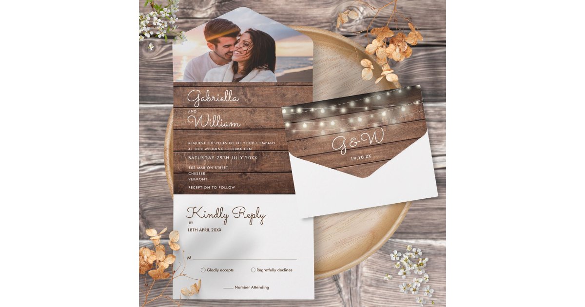 Rustic Wood String Lights Monogram Photo Wedding All In One Invitation ...