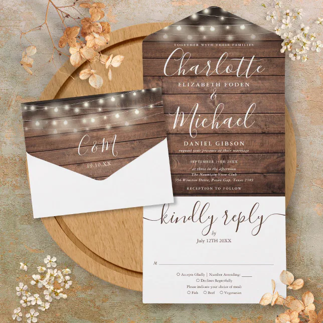 Rustic Wood String Lights Monogram Wedding All In One Invitation | Zazzle