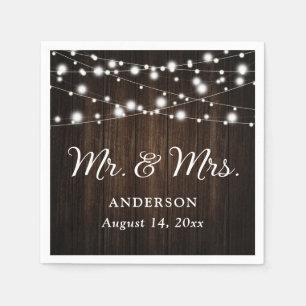 Rustic Wood String Lights Mr. and Mrs. Wedding Napkins