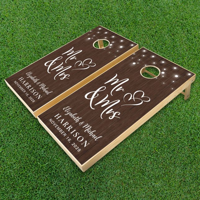 Rustic Wood String Lights Mr Mrs Wedding Cornhole Set (Creator Uploaded)