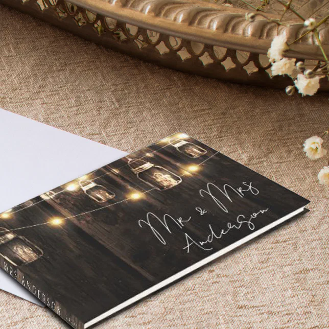 Rustic Wood String Lights Mr & Mrs Wedding Guest Book | Zazzle