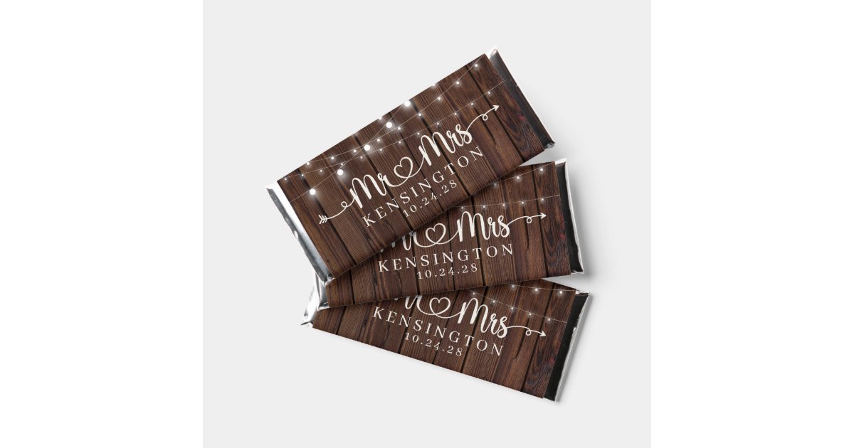 Rustic Wood String Lights Mr Mrs Wedding Hershey Bar Favors | Zazzle