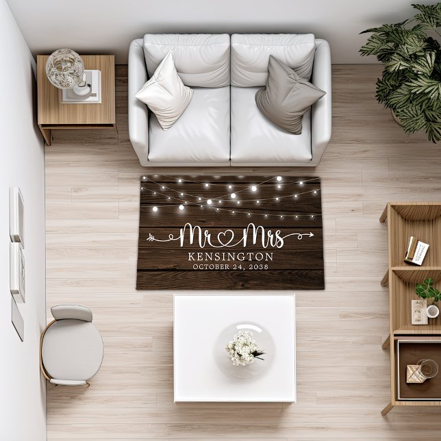 Rustic Wood String Lights Mr Mrs Wedding Rug (Rustic Wood String Lights Mr Mrs Rug)