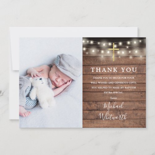 Rustic Wood String Lights Photo Baptism Thank You Card