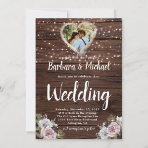 Rustic Wood String Lights Photo Floral Wedding Invitation