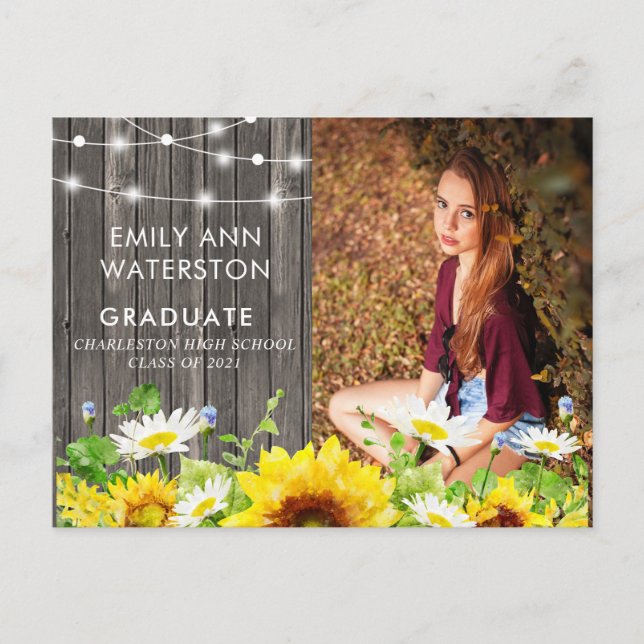 Rustic Wood & String Lights Photo Graduation Party Invitation Postcard (Front)