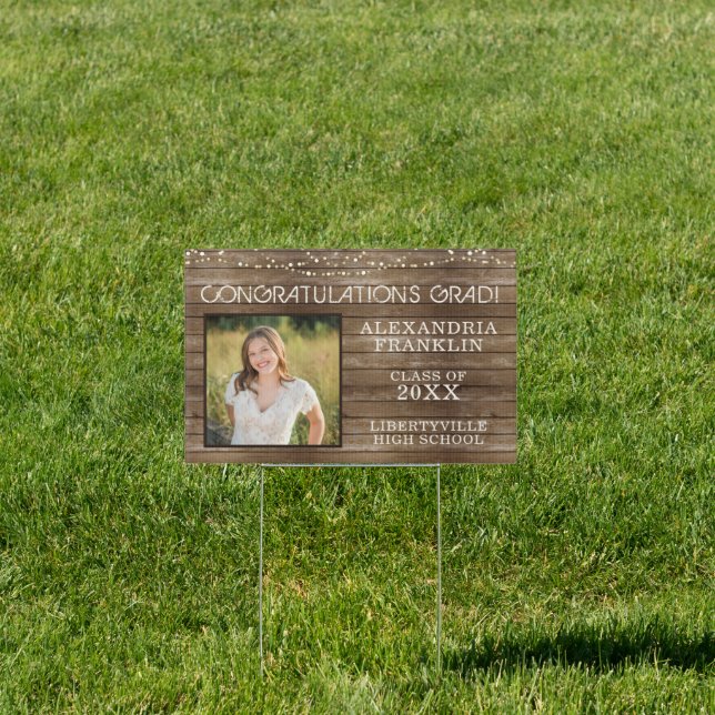 Rustic Wood String Lights Photo Graduation Sign (Insitu)
