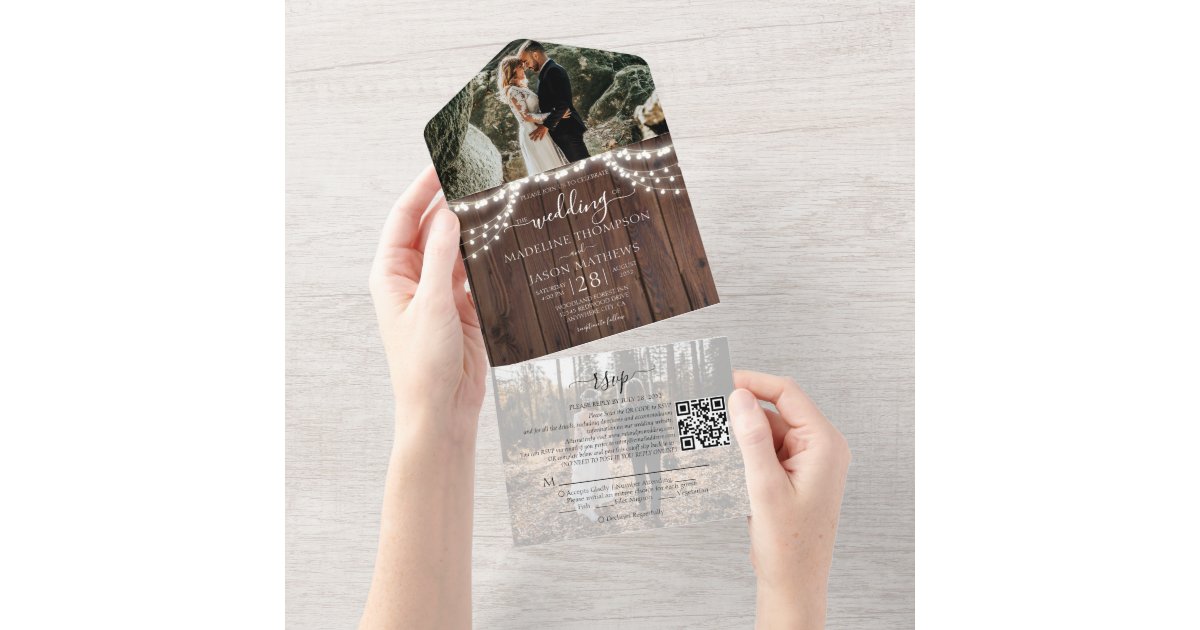 Rustic Wood String Lights Photo QR Code Wedding All In One Invitation ...