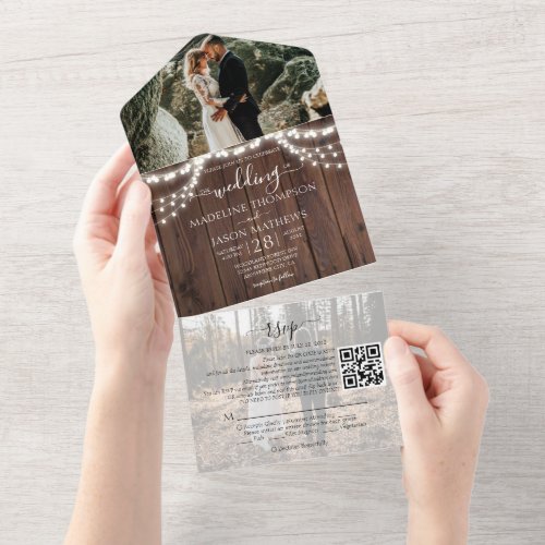 Rustic Wood String Lights Photo QR Code Wedding All In One Invitation