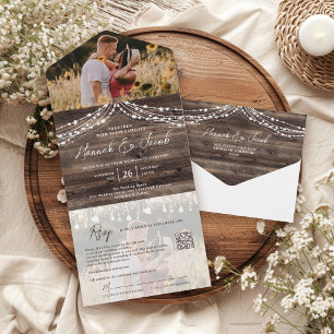 Rustic Wood String Lights Photo QR Code Wedding All In One Invitation