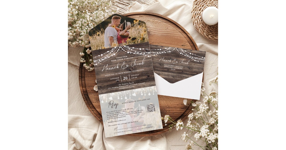 Rustic Wood String Lights Photo QR Code Wedding All In One Invitation ...