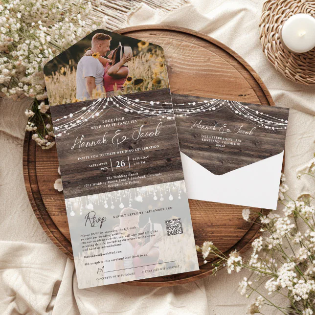 Rustic Wood String Lights Photo QR Code Wedding All In One Invitation ...