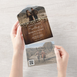 Rustic Wood String Lights Photo QR Code Wedding All In One Invitation