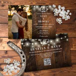 Rustic Wood String Lights Photo QR Code Wedding Invitation
