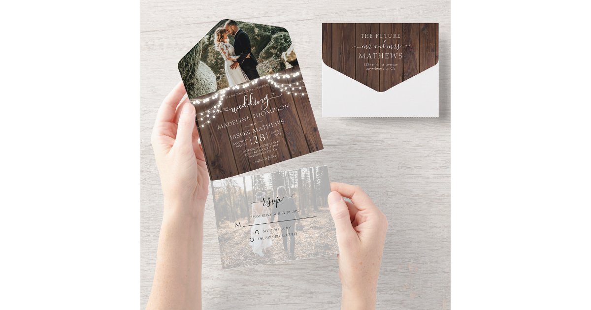 Rustic Wood String Lights Photo RSVP Wedding All In One Invitation | Zazzle