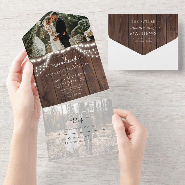 Rustic Wood String Lights Photo RSVP Wedding All In One Invitation | Zazzle