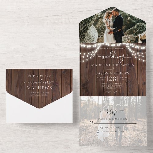 Rustic Wood String Lights Photo RSVP Wedding All In One Invitation