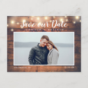 Rustic Wood String Lights Photo Save the Date Announcement Postcard