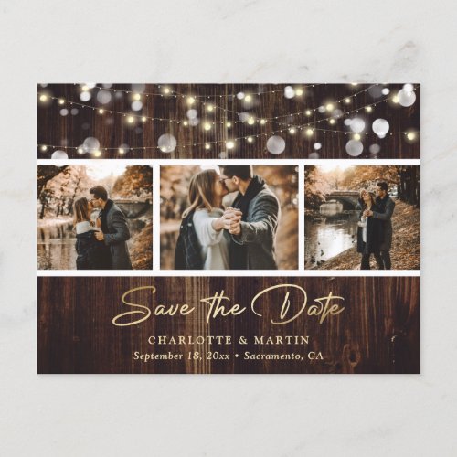 Rustic Wood String Lights Photo Save The Date Announcement Postcard