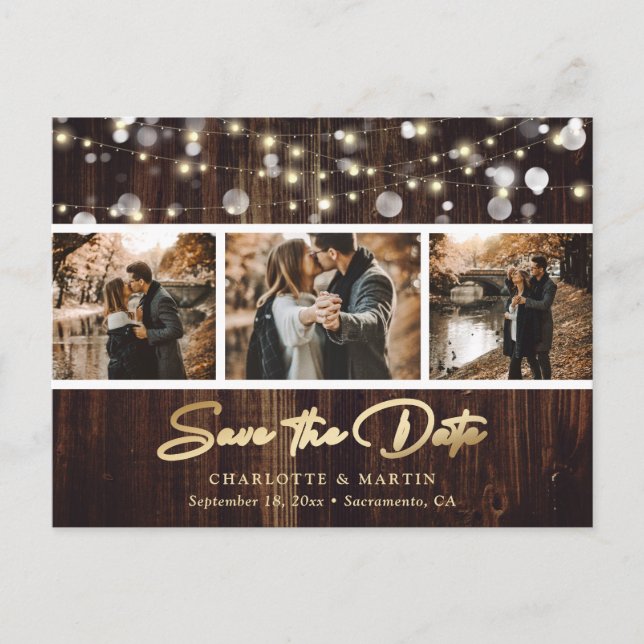 Rustic Wood String Lights Photo Save The Date Announcement Postcard (Front)