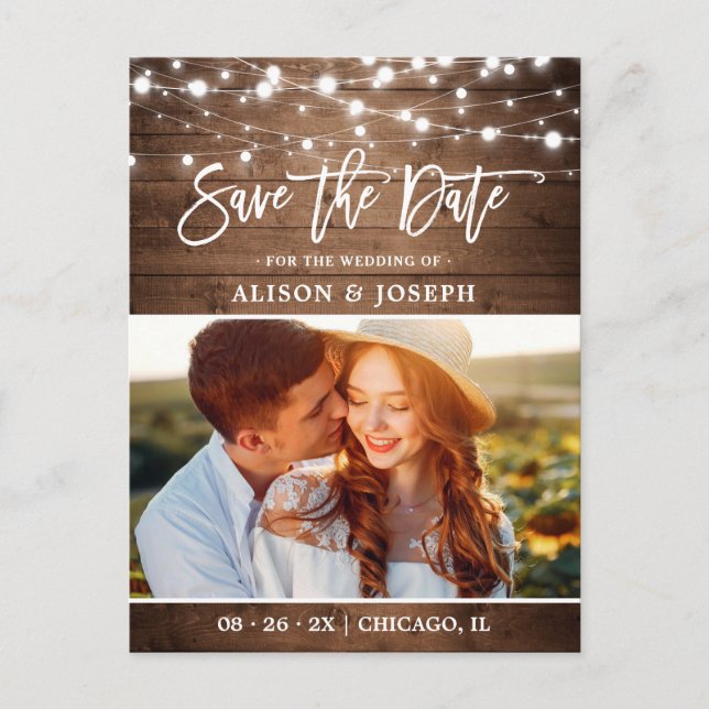Rustic Wood String Lights Photo Save the Date Postcard (Front)