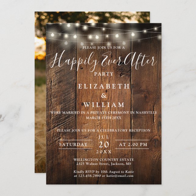 Rustic Wood String Lights Photo Wedding Reception Invitation (Front/Back)
