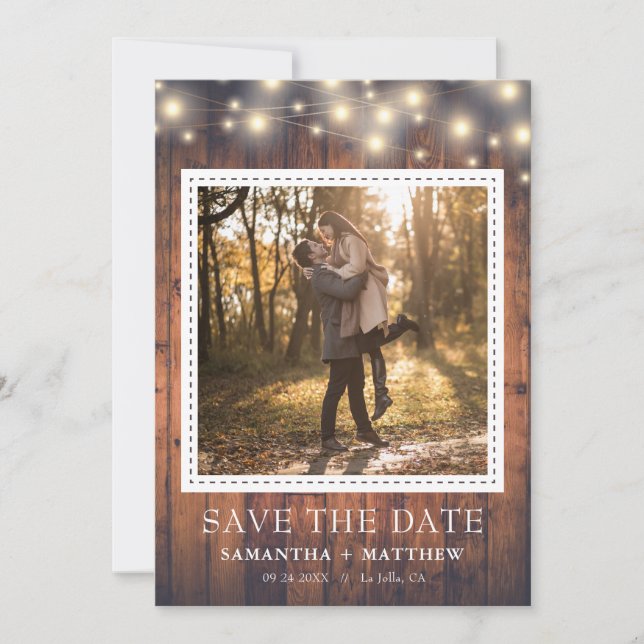 Rustic Wood String Lights Photo Wedding Save The Date (Front)