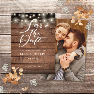 Rustic Wood String Lights Photo Wedding Save The Date