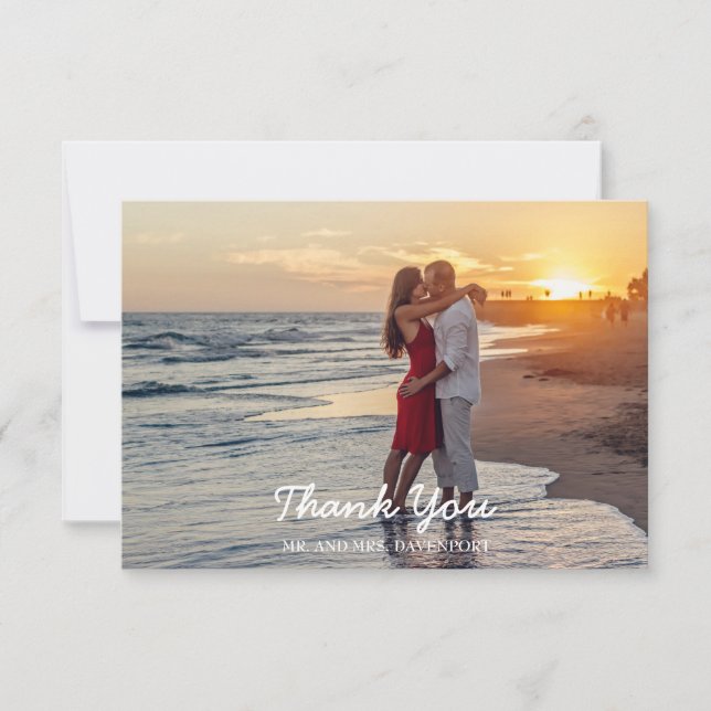 Rustic Wood String Lights Photo Wedding Thank You Card (Front)