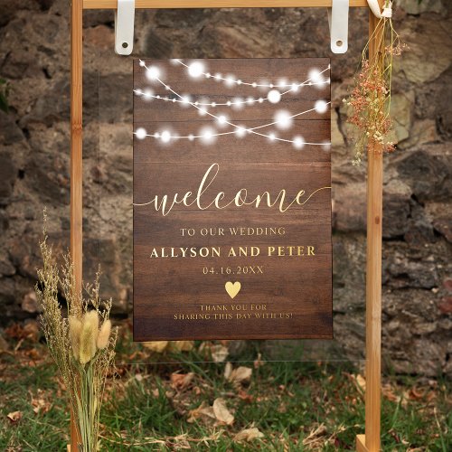 Rustic wood string lights photo wedding welcome foil prints