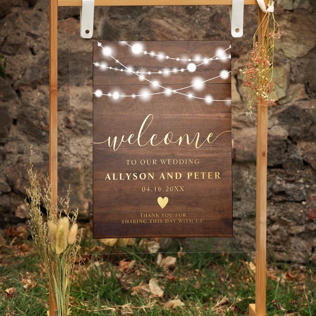Rustic wood string lights photo wedding welcome foil prints (Creator Uploaded)
