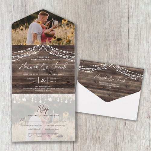Rustic Wood String Lights Photo With RSVP Wedding All In One Invitation