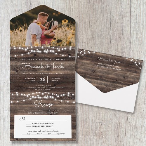 Rustic Wood String Lights Photo With RSVP Wedding All In One Invitation
