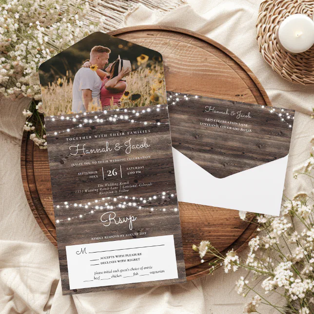 Rustic Wood String Lights Photo With RSVP Wedding All In One Invitation ...