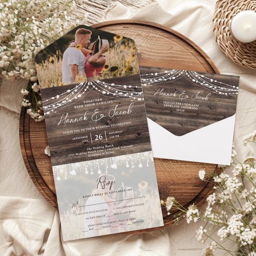 Rustic Wood String Lights Photo With RSVP Wedding All In One Invitation