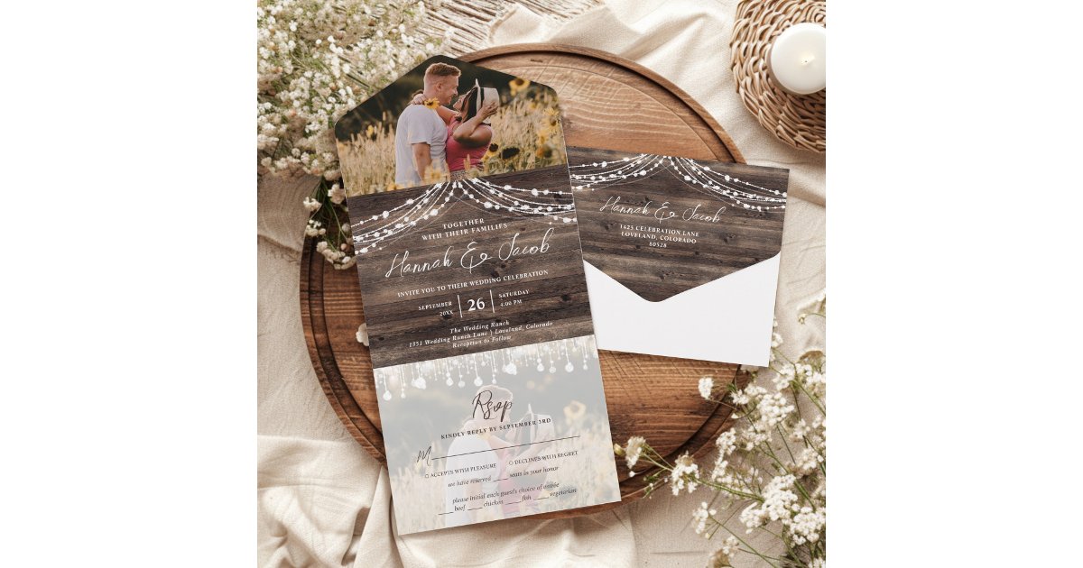 Rustic Wood String Lights Photo With RSVP Wedding All In One Invitation ...