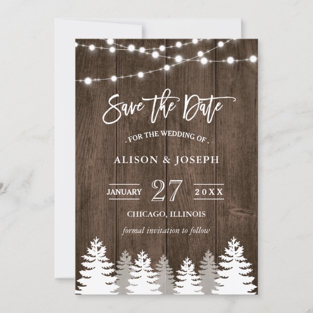 Rustic Wood String Lights Pine Tree Save The Date