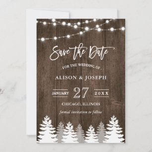 Rustic Wood String Lights Pine Tree Save the Date