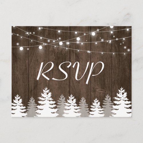 Rustic Wood String Lights Pine Trees Wedding RSVP Invitation Postcard