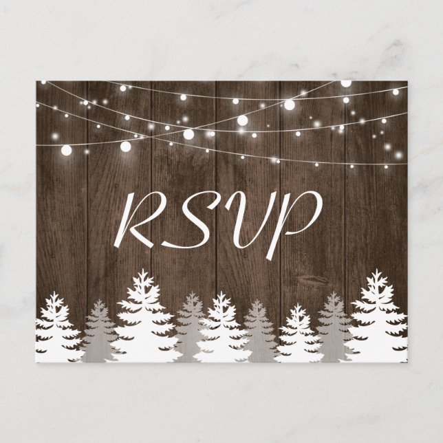 Rustic Wood String Lights Pine Trees Wedding RSVP Invitation Postcard (Front)