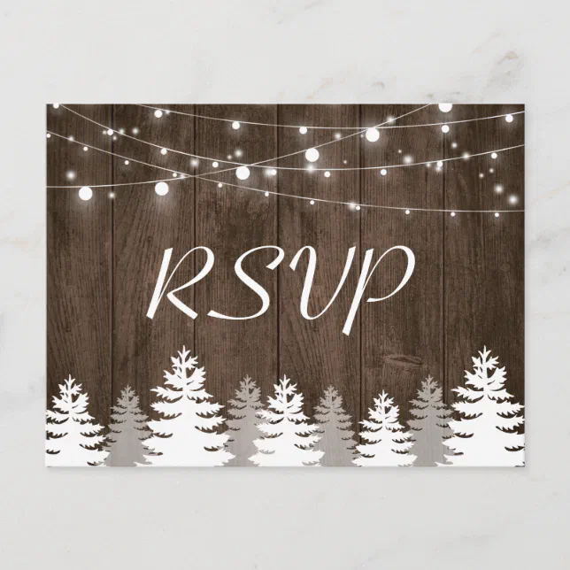 Rustic Wood String Lights Pine Trees Wedding RSVP Invitation Postcard ...