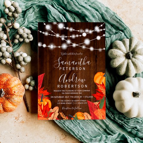 Rustic wood string lights pumpkin leaf wedding invitation