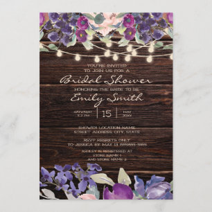 Rustic Wood String Lights Purple Floral Bridal Invitation